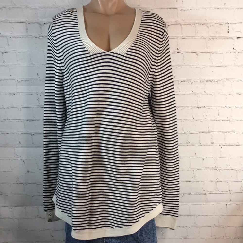 Talbots Long Tunic Sweater Women's Large Black & Off White Knit Stripes